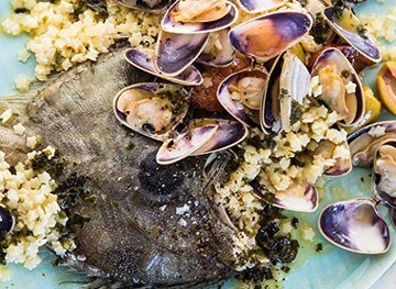 Steamed John Dory With Pippies, Chorizo, Olives & Parsley